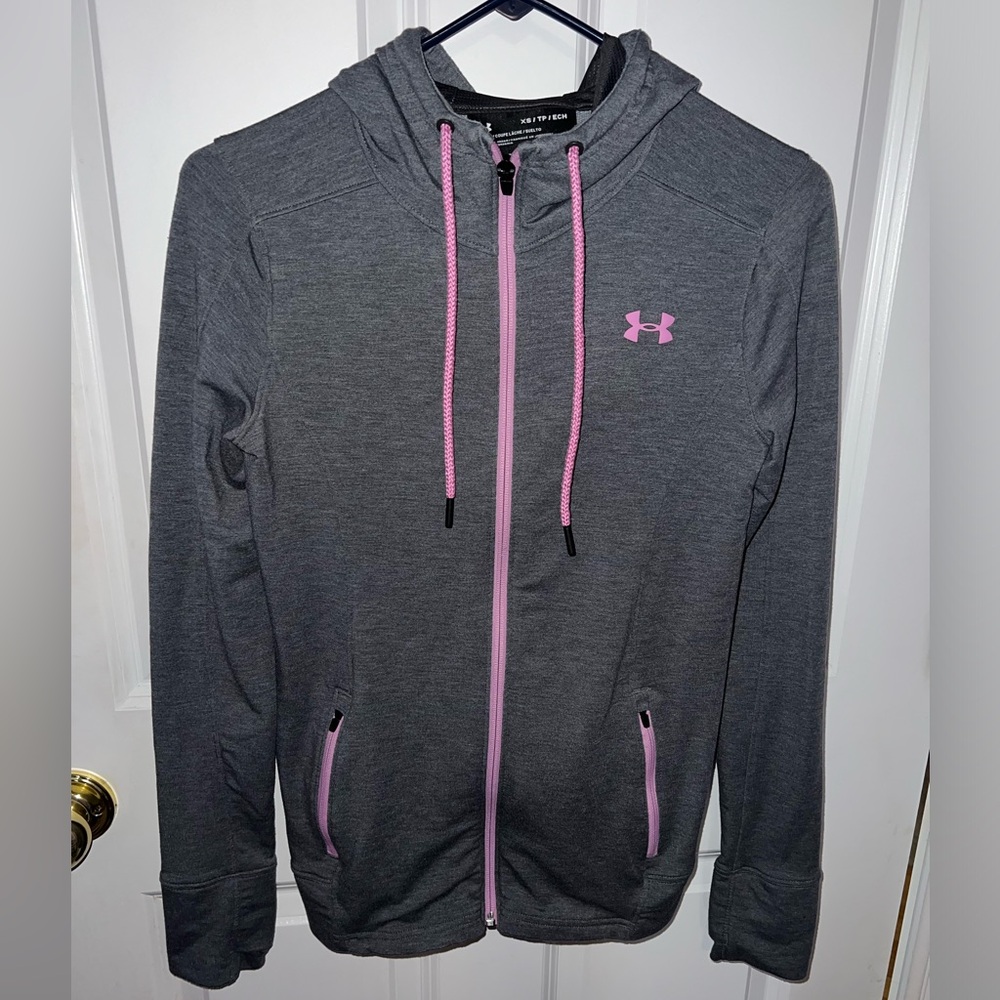 XS Under Armour Women's Gray Jacket with Pink/Purple Details (like new!)